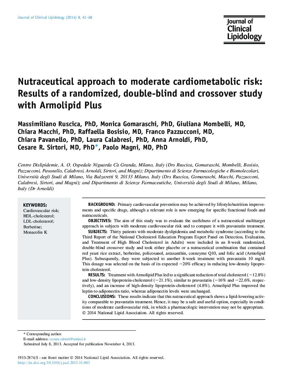 Nutraceutical approach to moderate cardiometabolic risk: Results of a randomized, double-blind and crossover study with Armolipid Plus