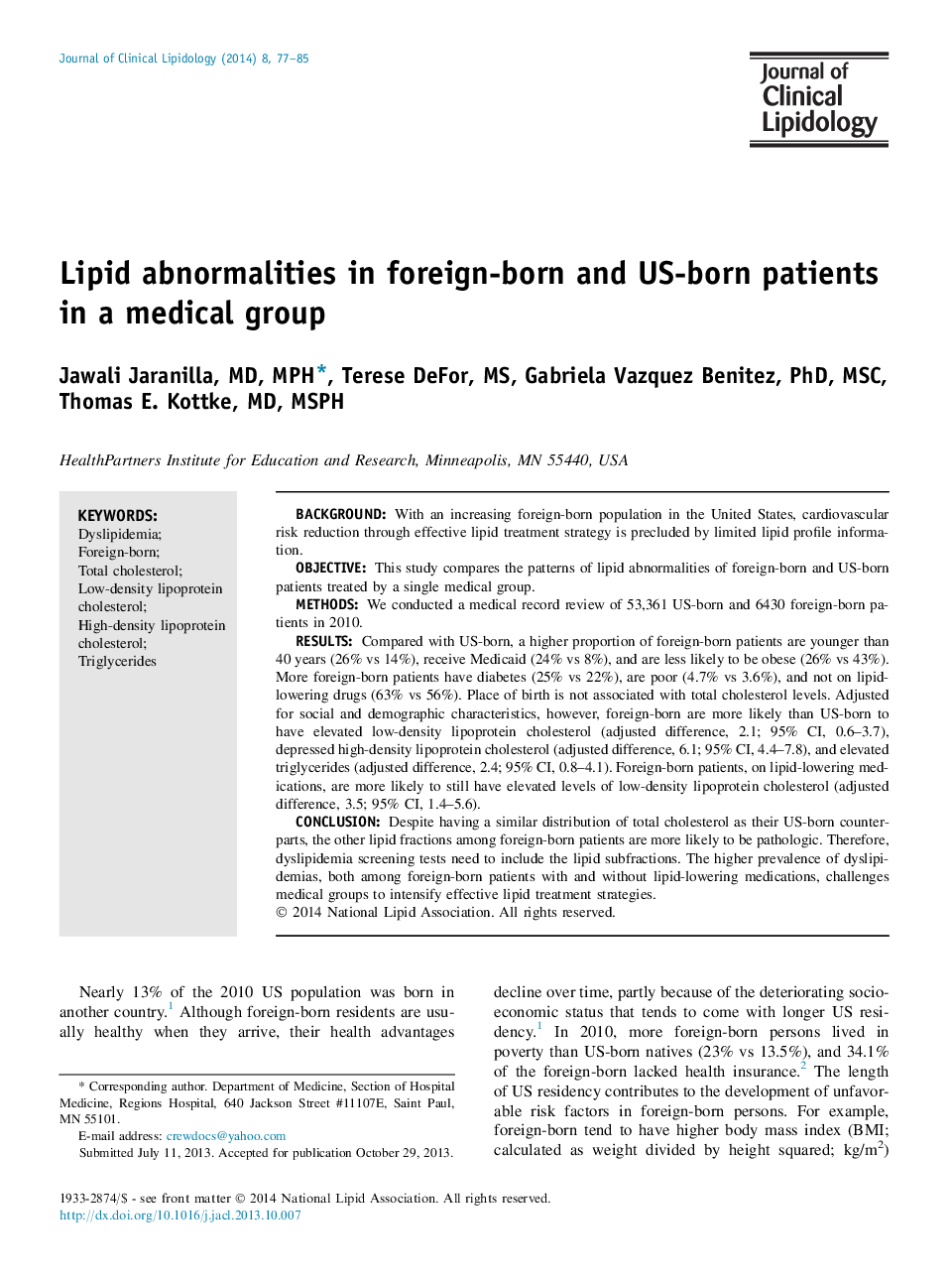 Lipid abnormalities in foreign-born and US-born patients in a medical group