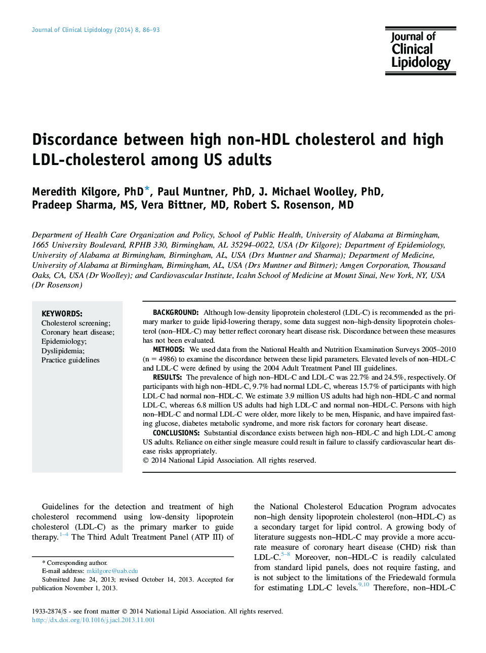 Discordance between high non-HDL cholesterol and high LDL-cholesterol among US adults