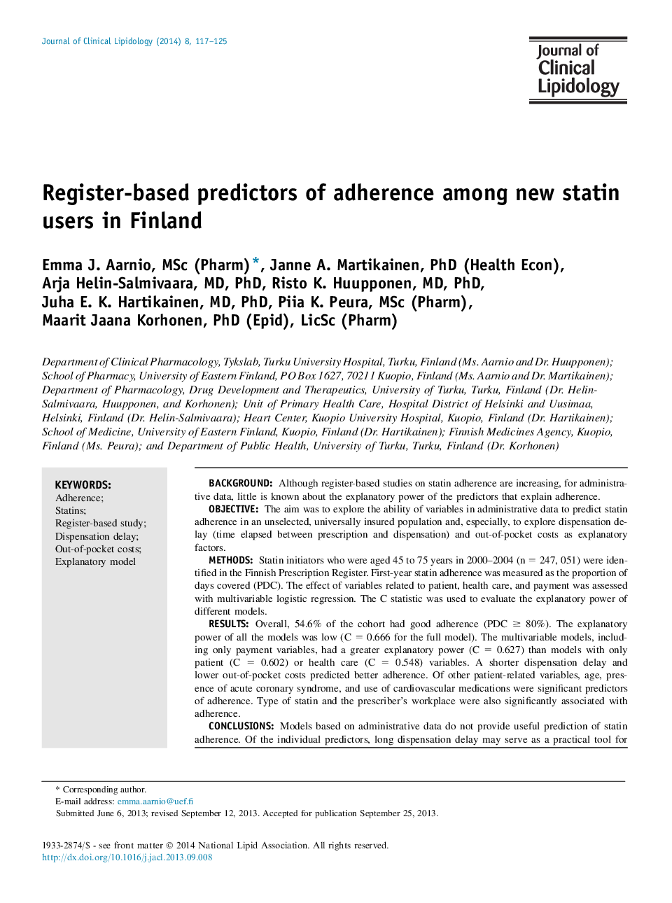 Register-based predictors of adherence among new statin users in Finland