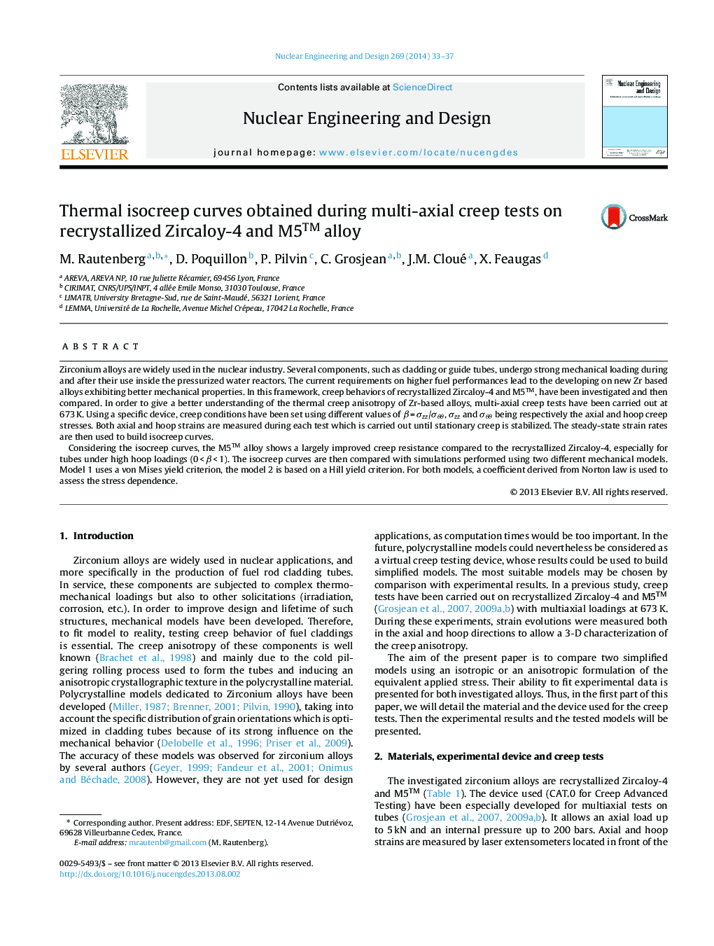 Thermal isocreep curves obtained during multi-axial creep tests on recrystallized Zircaloy-4 and M5™ alloy