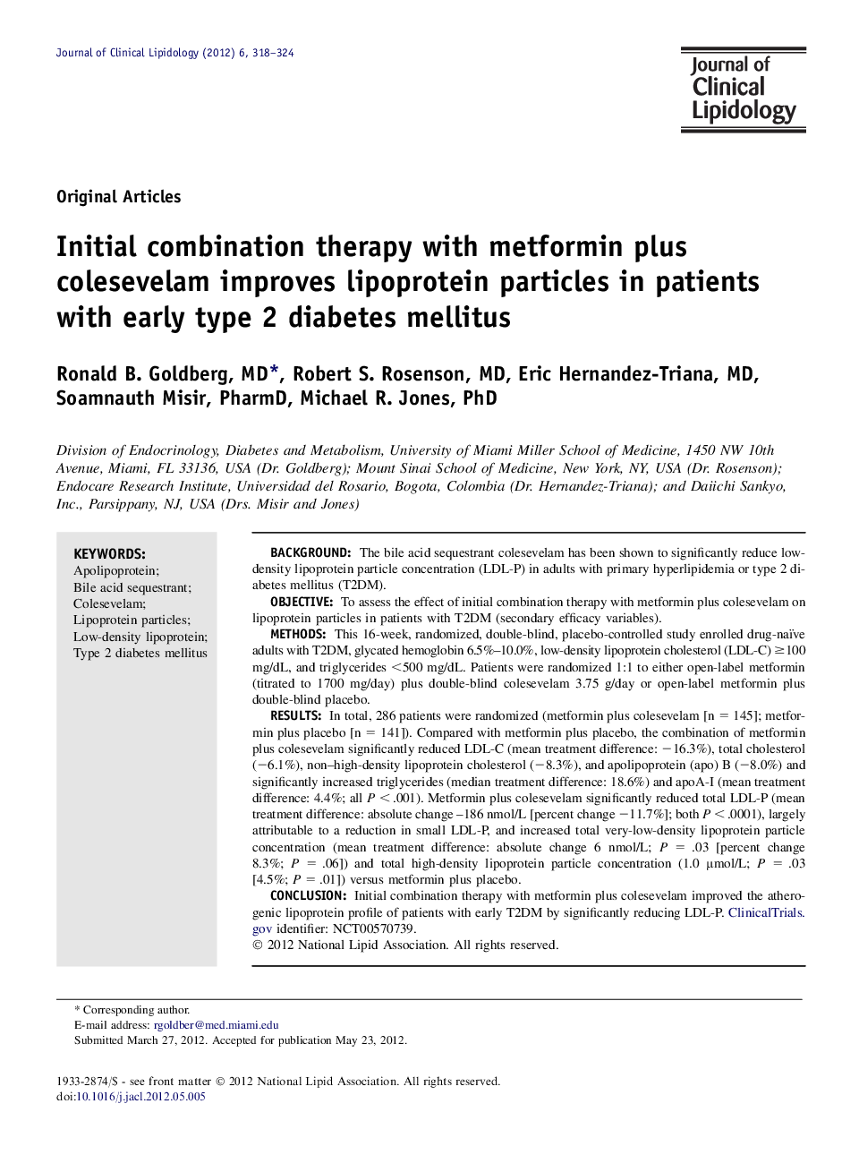 Initial combination therapy with metformin plus colesevelam improves lipoprotein particles in patients with early type 2 diabetes mellitus