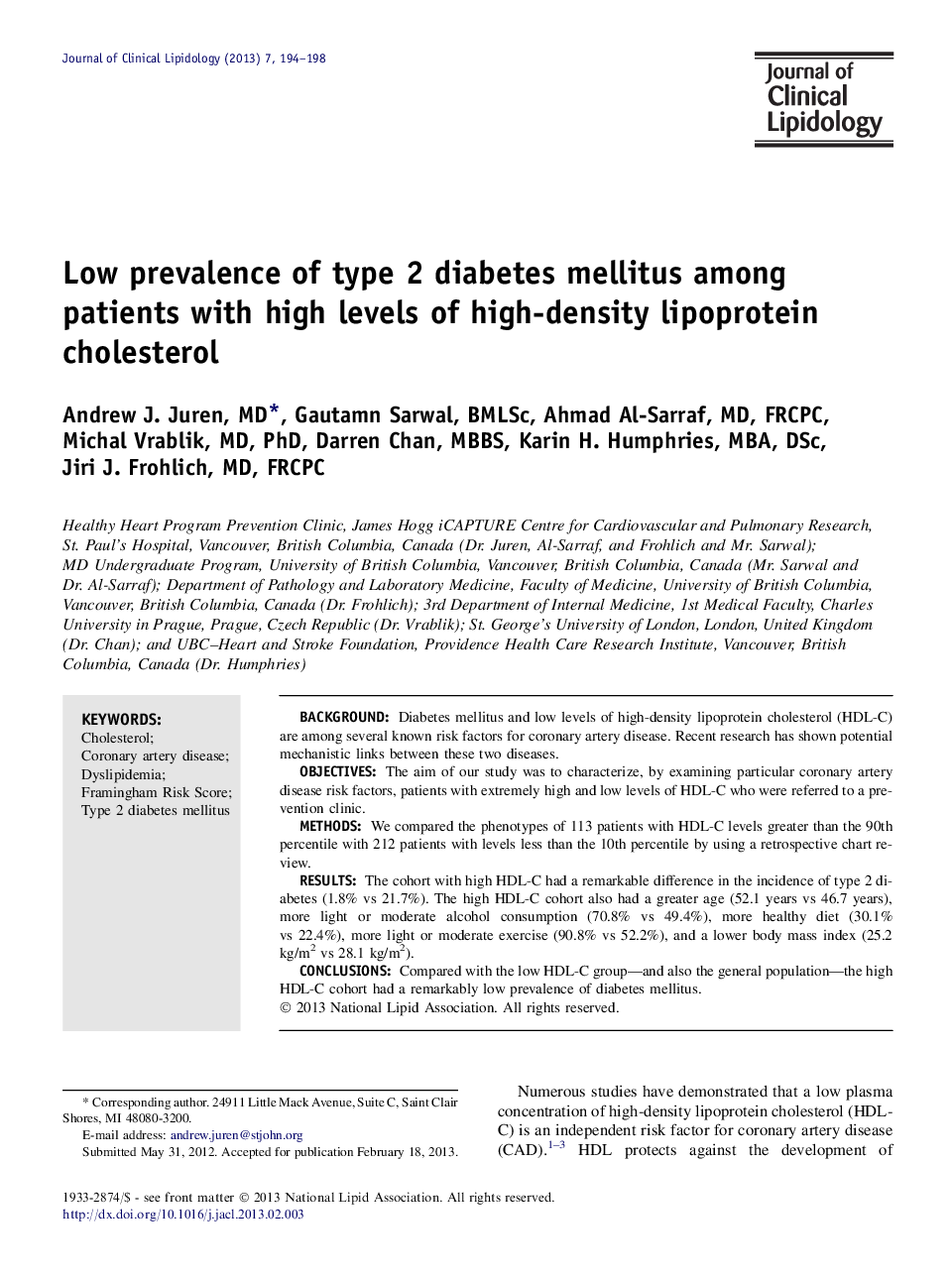 Low prevalence of type 2 diabetes mellitus among patients with high levels of high-density lipoprotein cholesterol