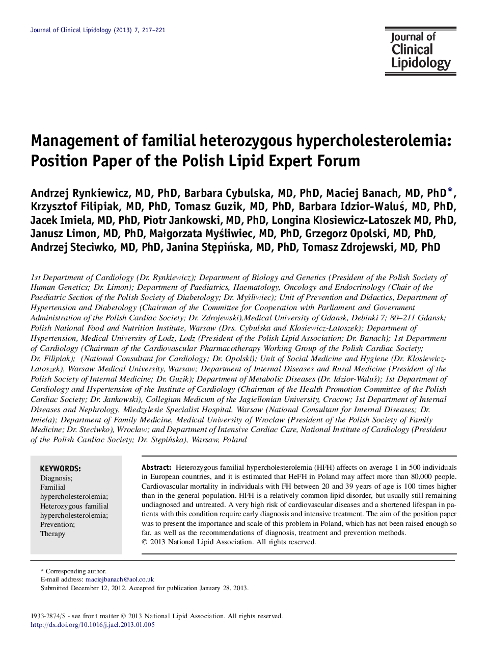 Management of familial heterozygous hypercholesterolemia: Position Paper of the Polish Lipid Expert Forum