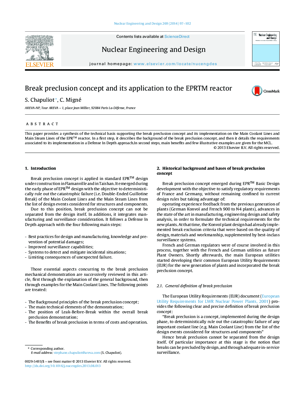 Break preclusion concept and its application to the EPRTM reactor