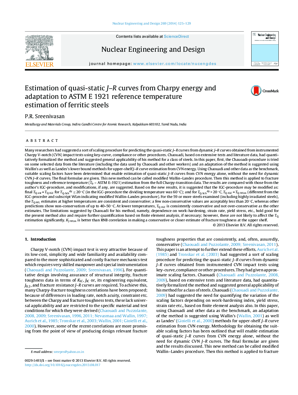 Estimation of quasi-static J–R curves from Charpy energy and adaptation to ASTM E 1921 reference temperature estimation of ferritic steels