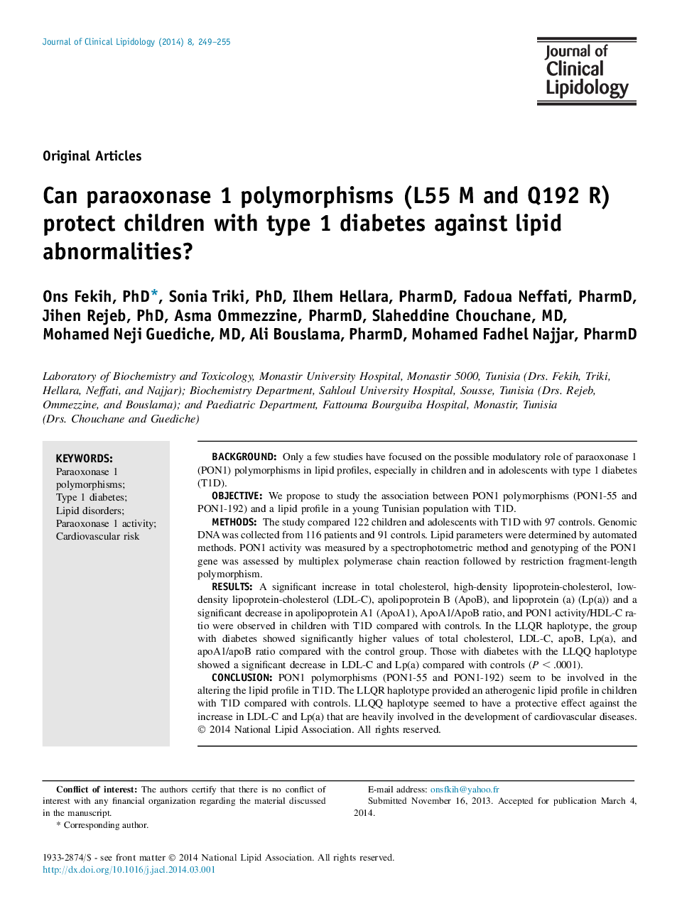 Can paraoxonase 1 polymorphisms (L55 M and Q192 R) protect children with type 1 diabetes against lipid abnormalities? 