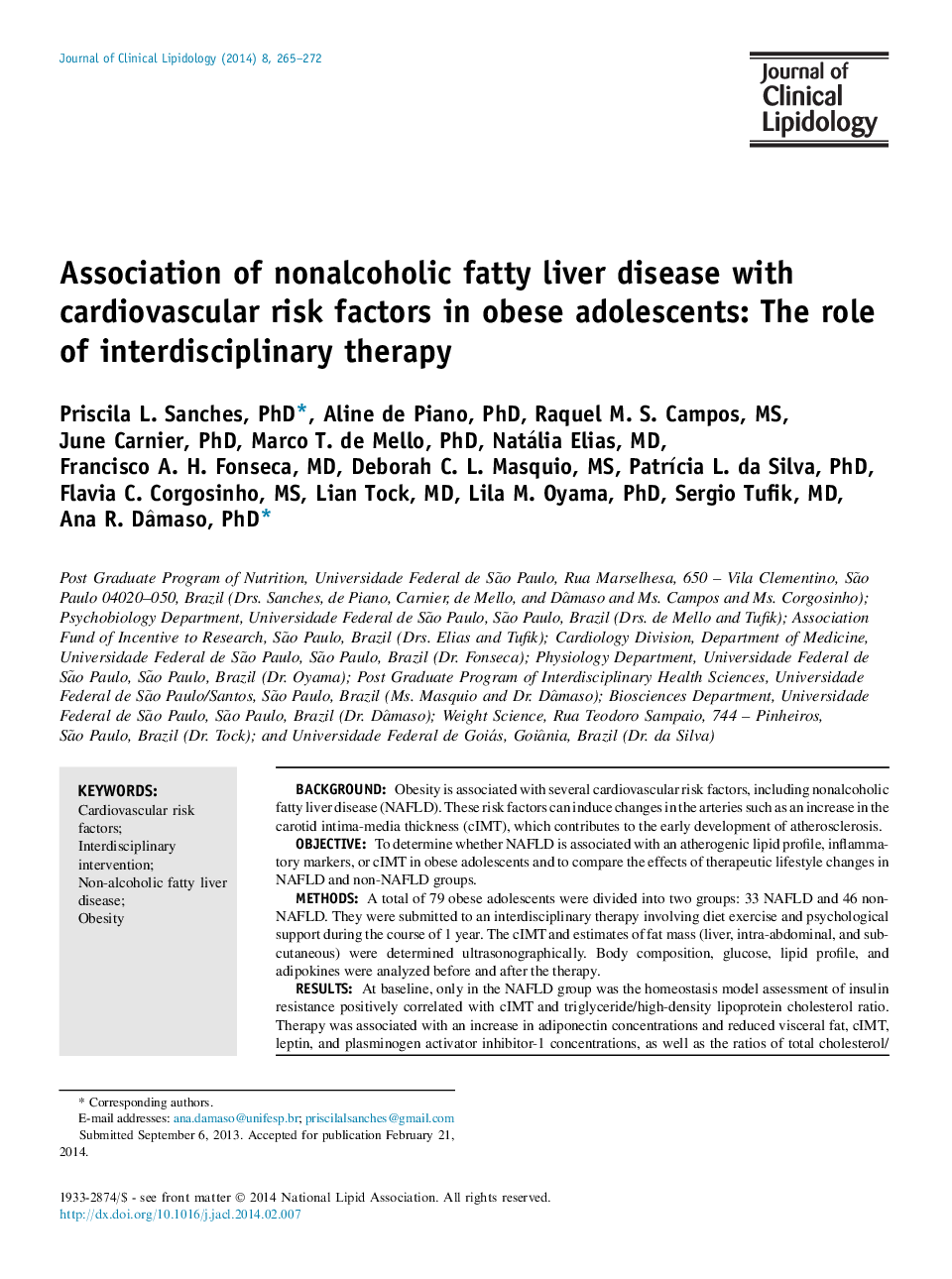 Association of nonalcoholic fatty liver disease with cardiovascular risk factors in obese adolescents: The role of interdisciplinary therapy