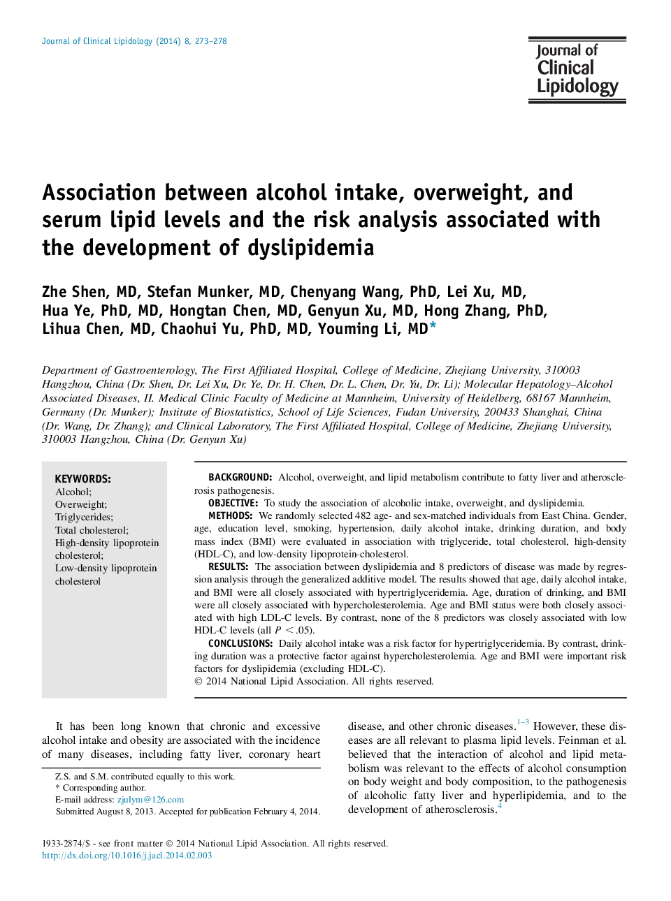 Association between alcohol intake, overweight, and serum lipid levels and the risk analysis associated with the development of dyslipidemia 