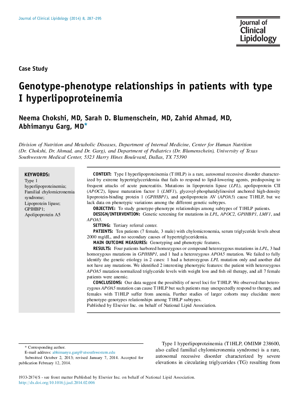 Genotype-phenotype relationships in patients with type I hyperlipoproteinemia