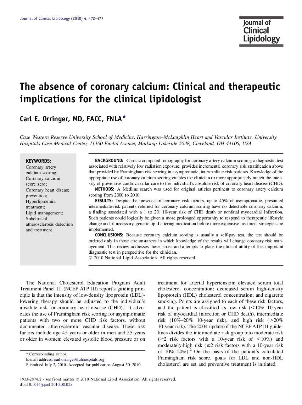 The absence of coronary calcium: Clinical and therapeutic implications for the clinical lipidologist
