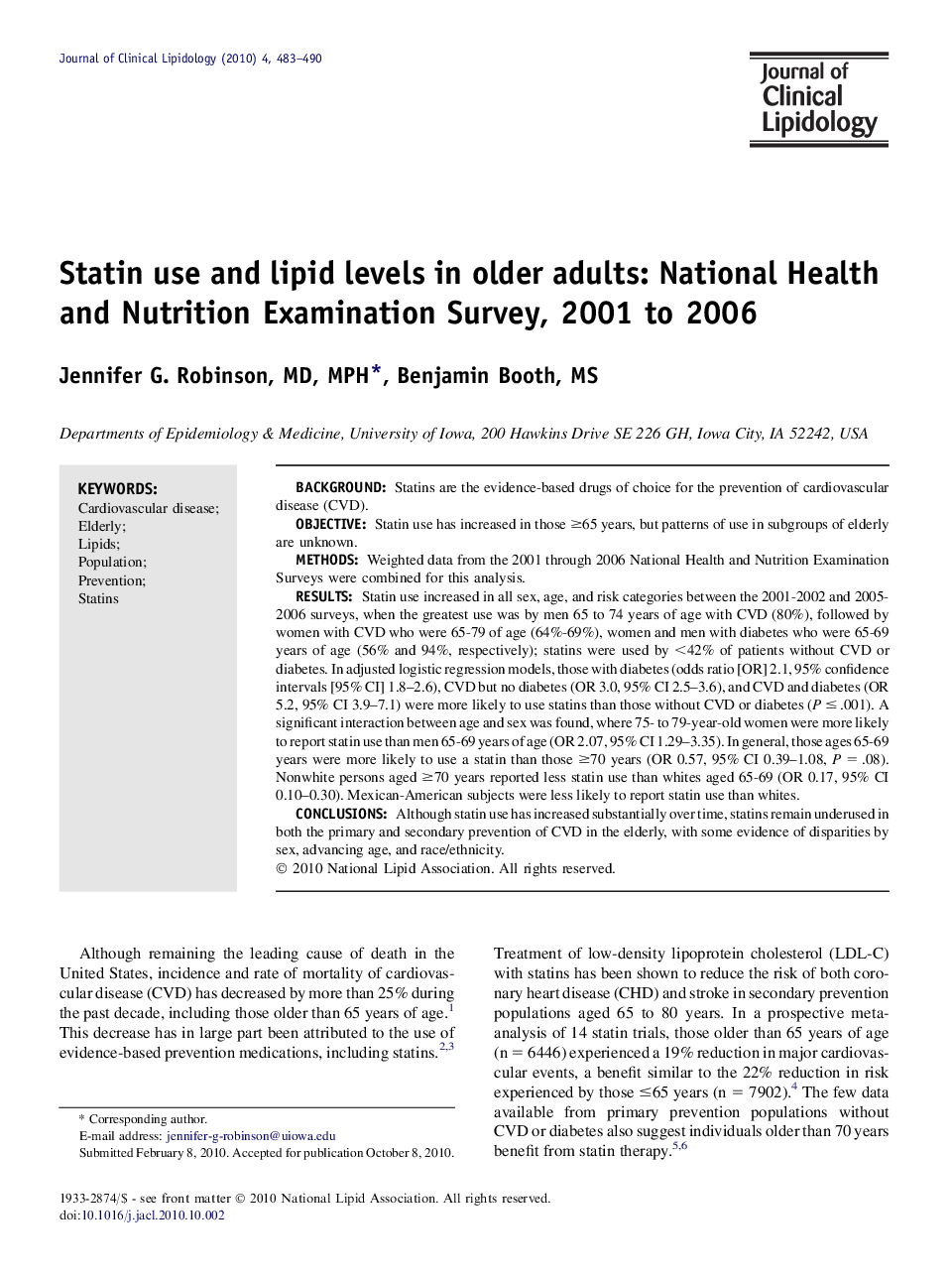 Statin use and lipid levels in older adults: National Health and Nutrition Examination Survey, 2001 to 2006