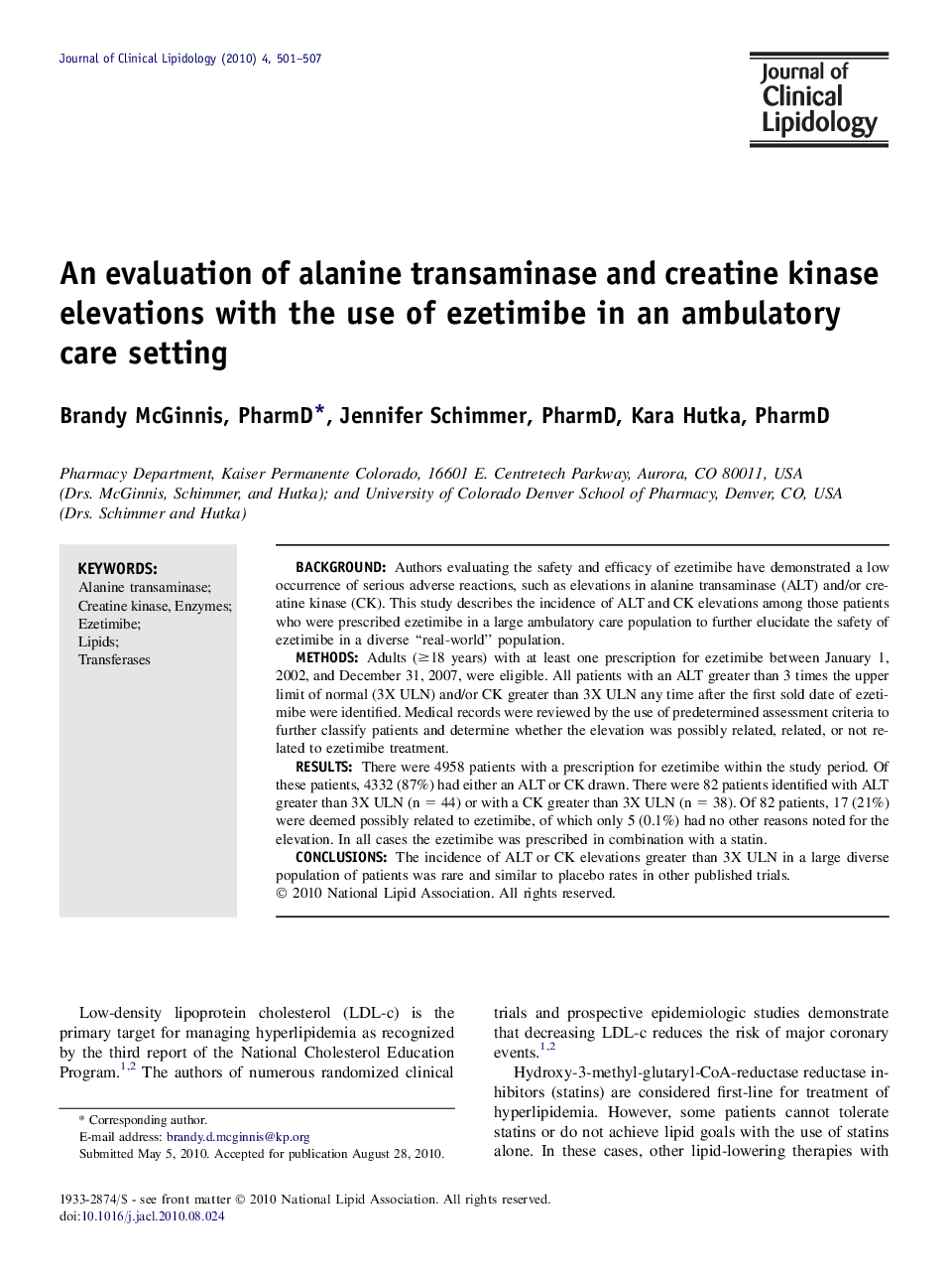 An evaluation of alanine transaminase and creatine kinase elevations with the use of ezetimibe in an ambulatory care setting