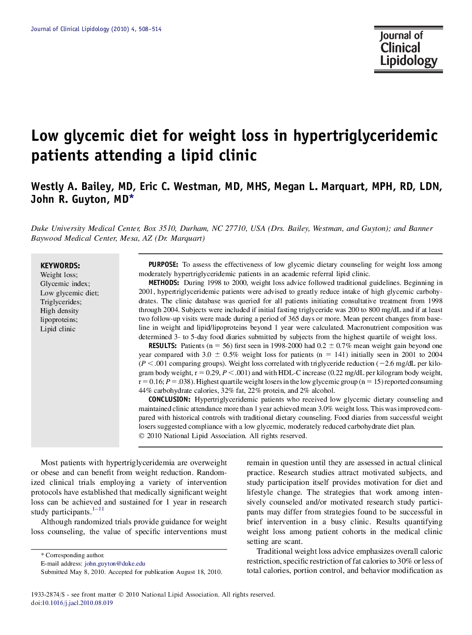 Low glycemic diet for weight loss in hypertriglyceridemic patients attending a lipid clinic