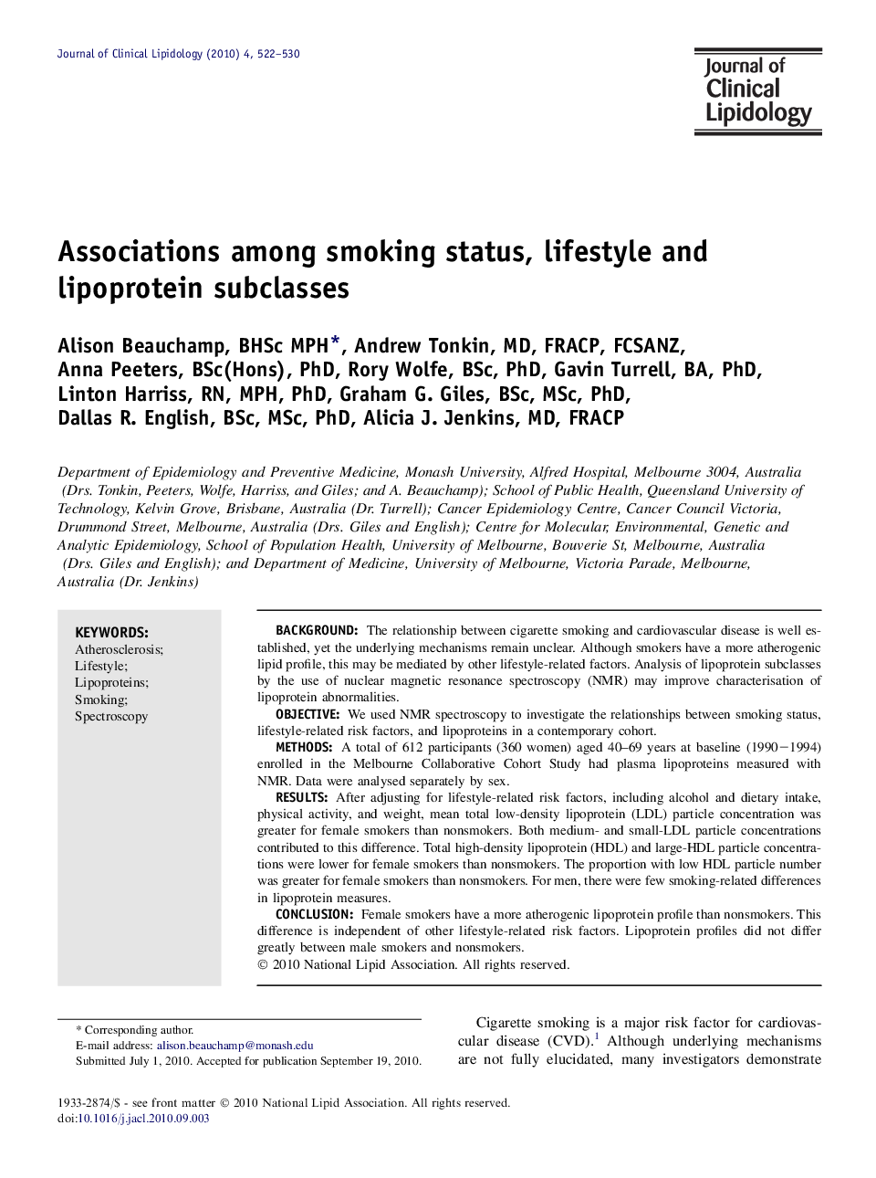 Associations among smoking status, lifestyle and lipoprotein subclasses