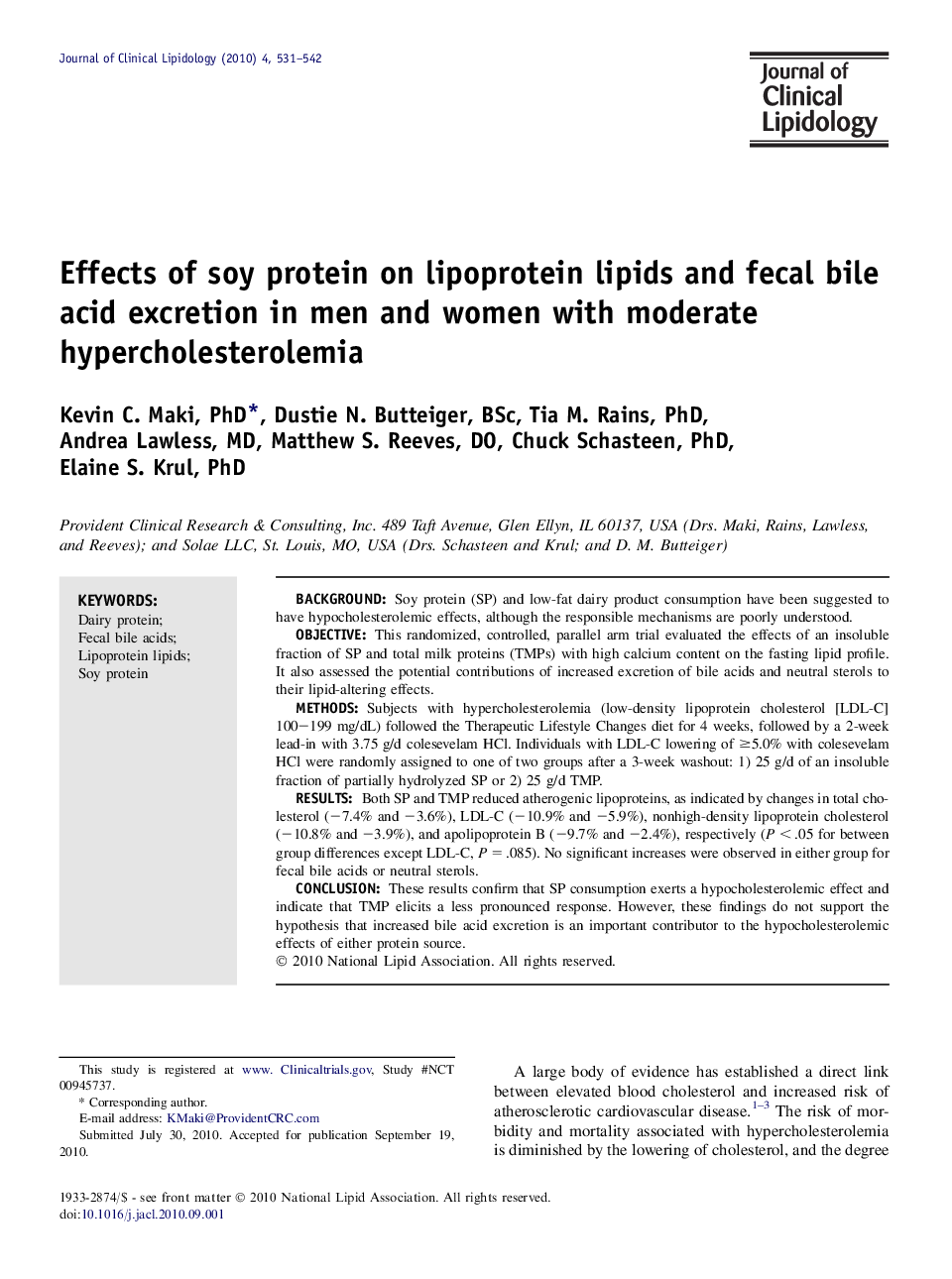 Effects of soy protein on lipoprotein lipids and fecal bile acid excretion in men and women with moderate hypercholesterolemia 