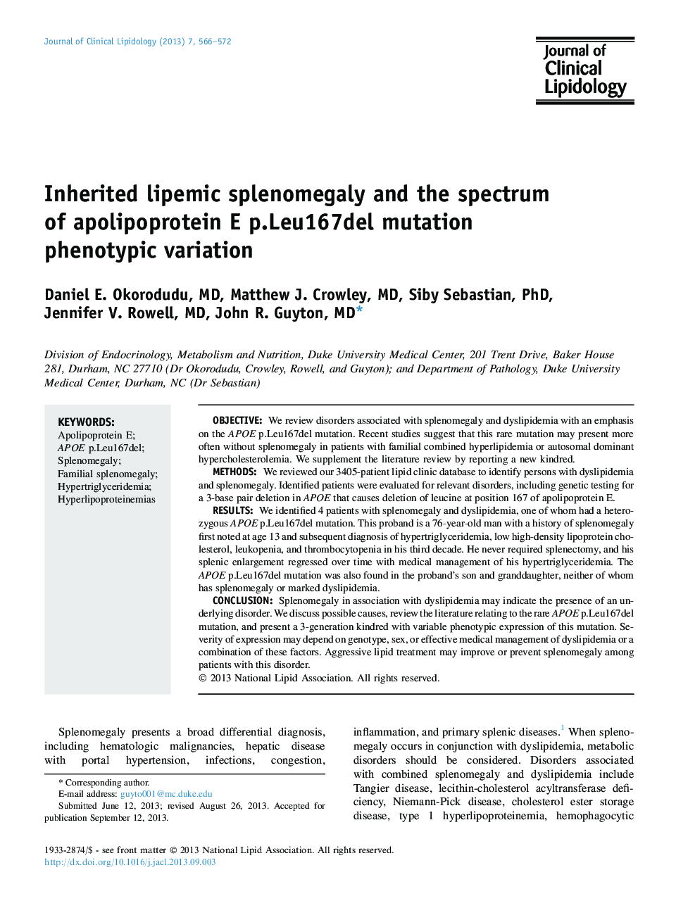 Inherited lipemic splenomegaly and the spectrum of apolipoprotein E p.Leu167del mutation phenotypic variation