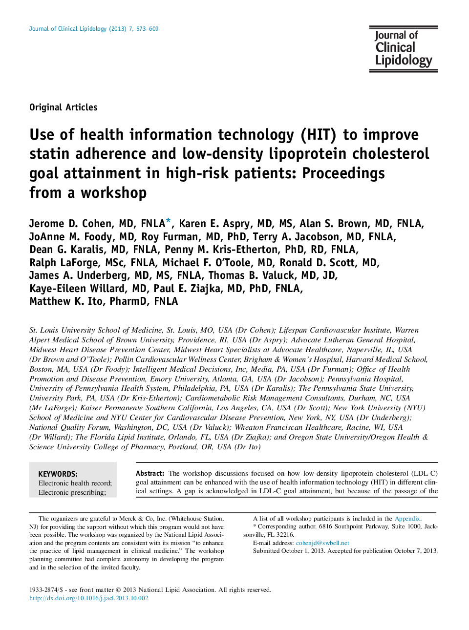 Use of health information technology (HIT) to improve statin adherence and low-density lipoprotein cholesterol goal attainment in high-risk patients: Proceedings from a workshop 