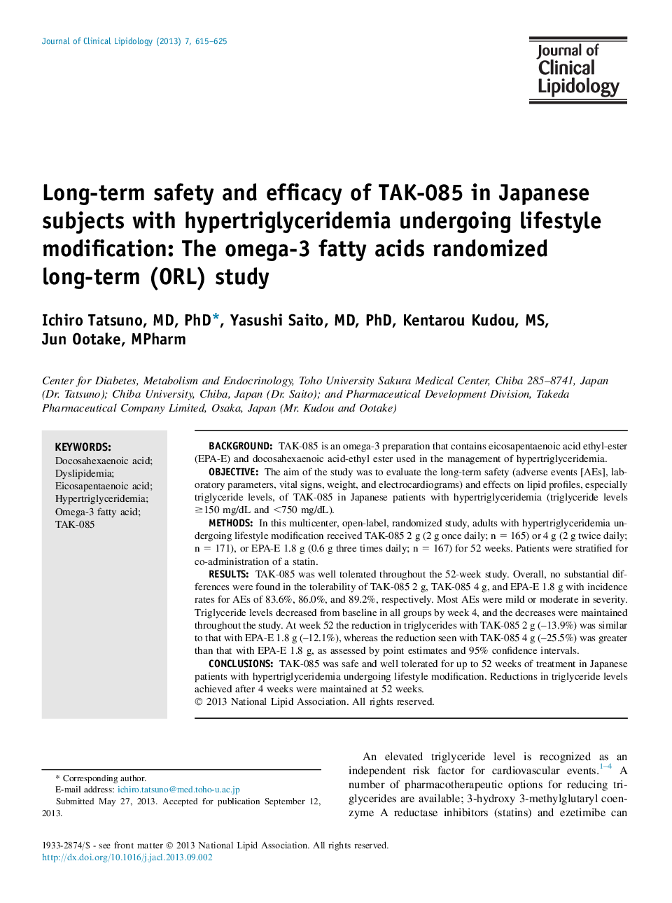 Long-term safety and efficacy of TAK-085 in Japanese subjects with hypertriglyceridemia undergoing lifestyle modification: The omega-3 fatty acids randomized long-term (ORL) study