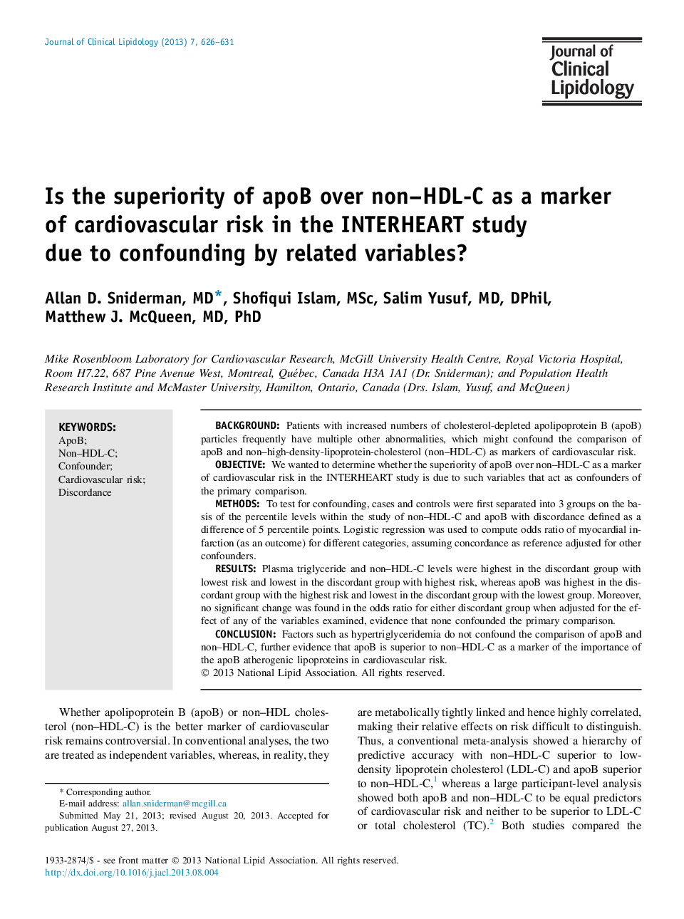 Is the superiority of apoB over non–HDL-C as a marker of cardiovascular risk in the INTERHEART study due to confounding by related variables?