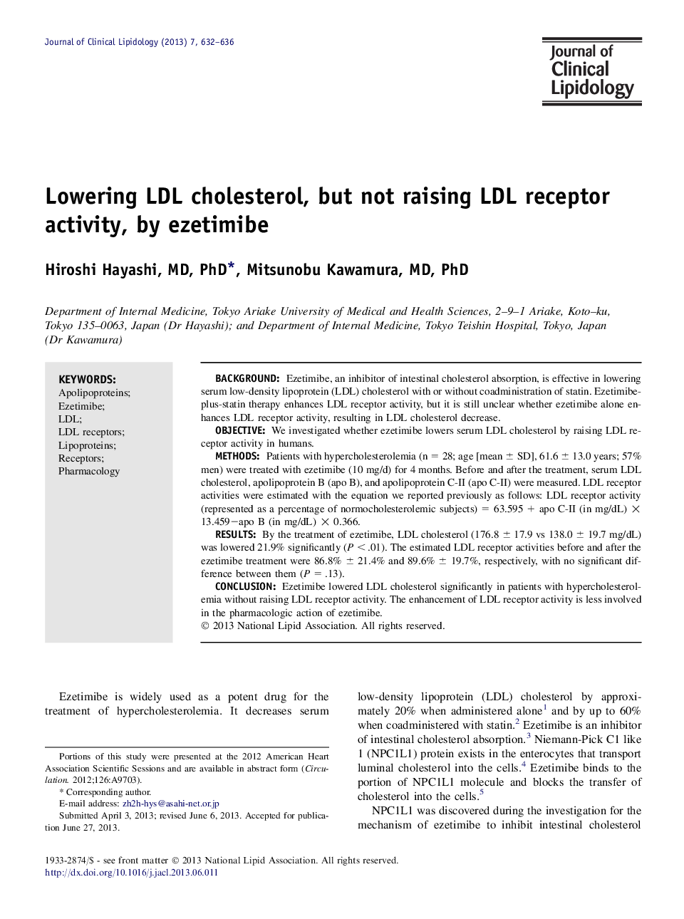 Lowering LDL cholesterol, but not raising LDL receptor activity, by ezetimibe