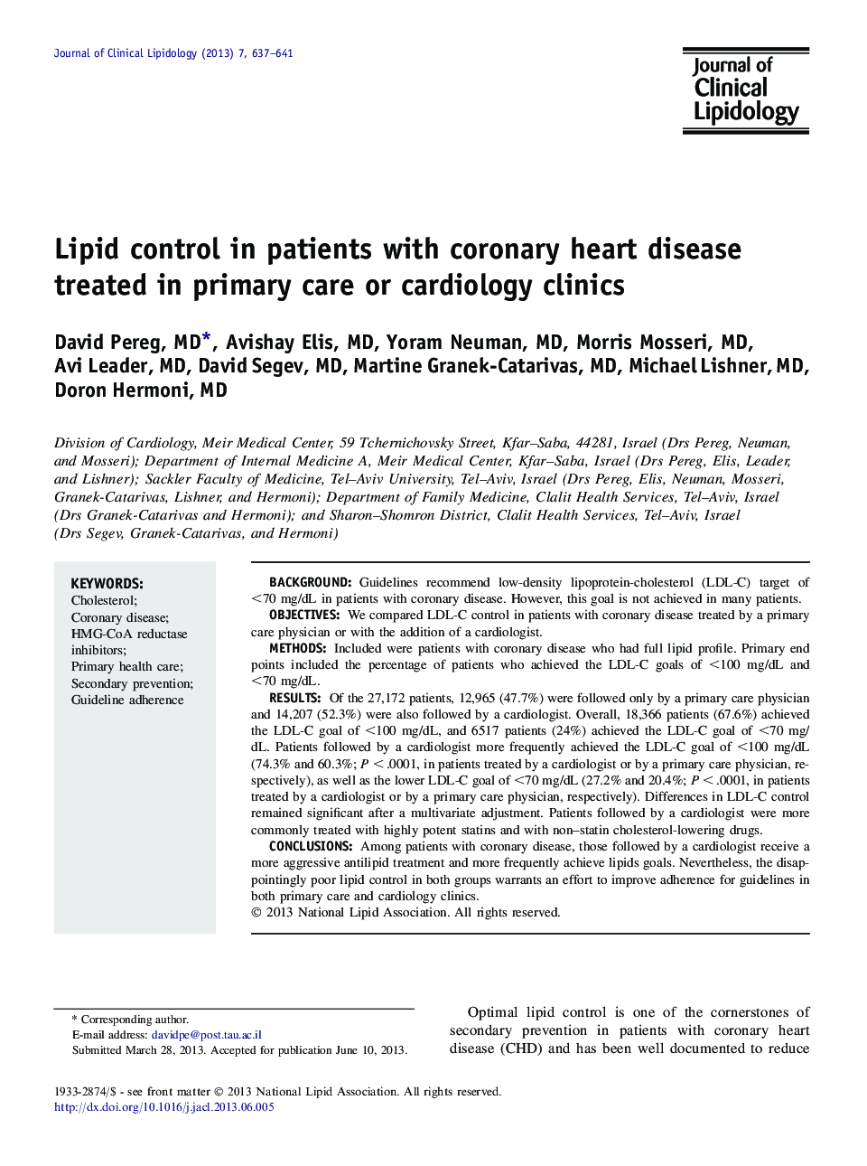Lipid control in patients with coronary heart disease treated in primary care or cardiology clinics