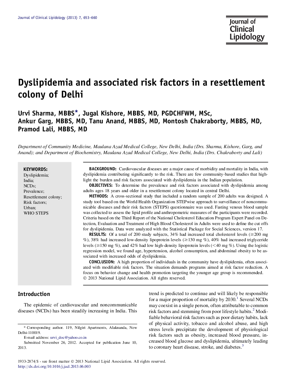 Dyslipidemia and associated risk factors in a resettlement colony of Delhi