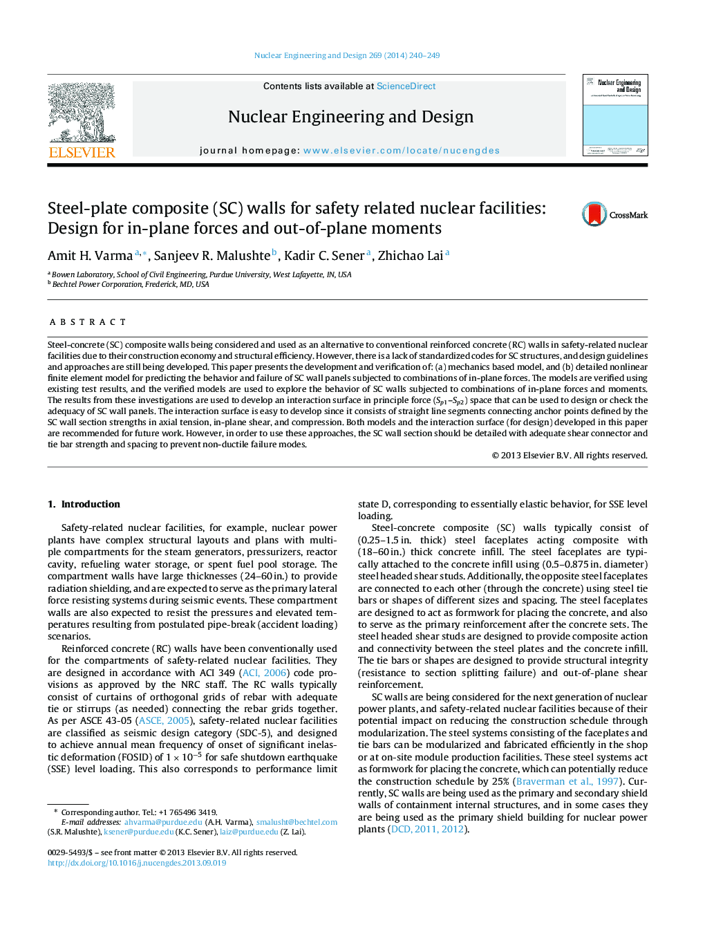 Steel-plate composite (SC) walls for safety related nuclear facilities: Design for in-plane forces and out-of-plane moments