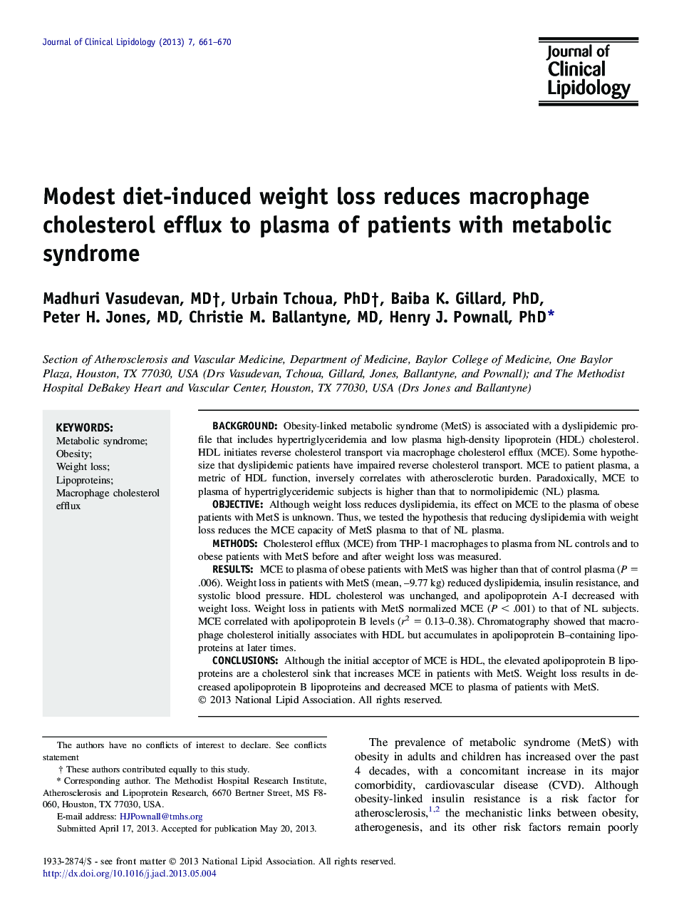 Modest diet-induced weight loss reduces macrophage cholesterol efflux to plasma of patients with metabolic syndrome 