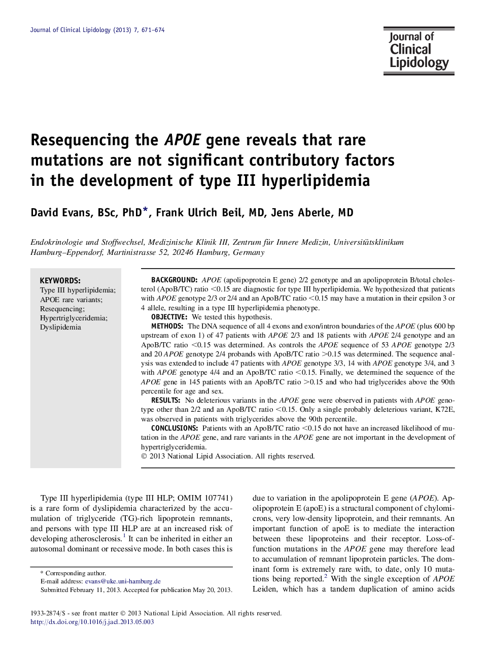 Resequencing the APOE gene reveals that rare mutations are not significant contributory factors in the development of type III hyperlipidemia