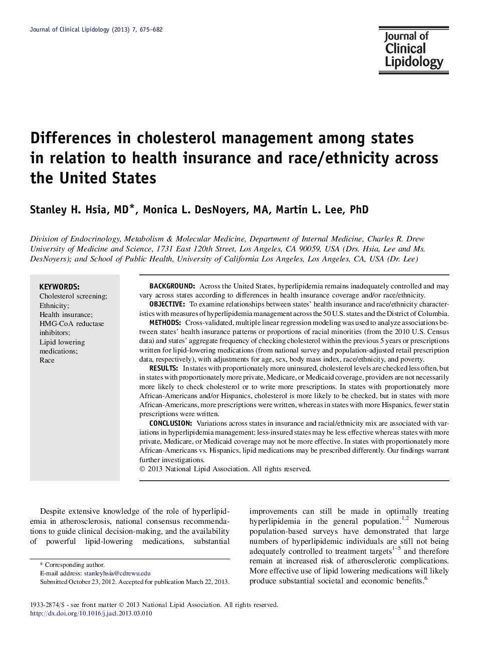 Differences in cholesterol management among states in relation to health insurance and race/ethnicity across the United States