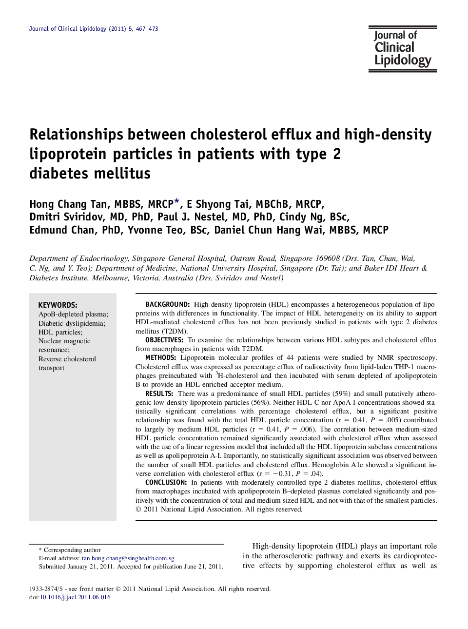 Relationships between cholesterol efflux and high-density lipoprotein particles in patients with type 2 diabetes mellitus