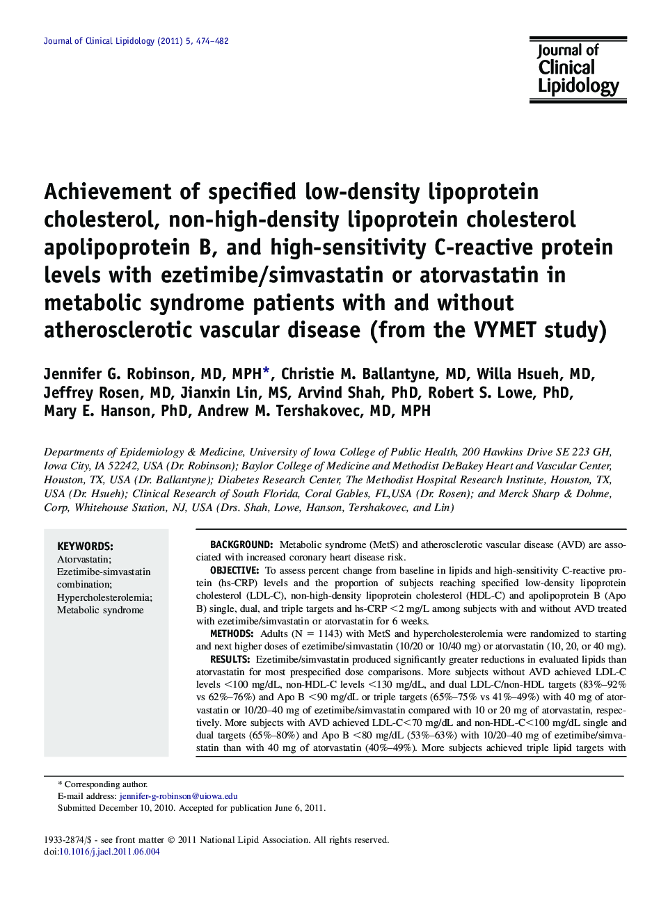 Achievement of specified low-density lipoprotein cholesterol, non-high-density lipoprotein cholesterol apolipoprotein B, and high-sensitivity C-reactive protein levels with ezetimibe/simvastatin or atorvastatin in metabolic syndrome patients with and with