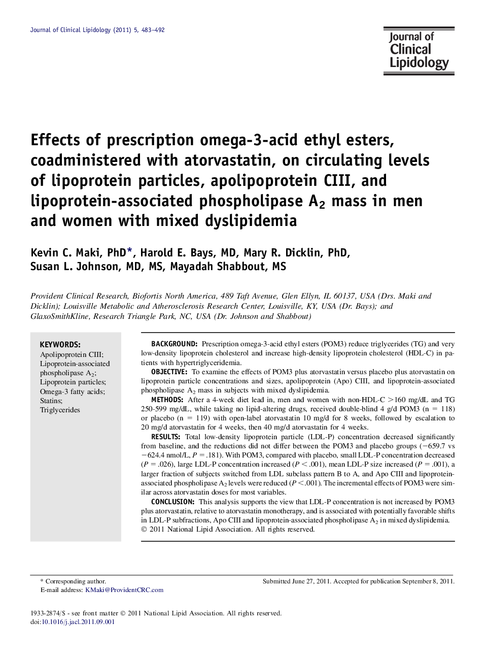 Effects of prescription omega-3-acid ethyl esters, coadministered with atorvastatin, on circulating levels of lipoprotein particles, apolipoprotein CIII, and lipoprotein-associated phospholipase A2 mass in men and women with mixed dyslipidemia