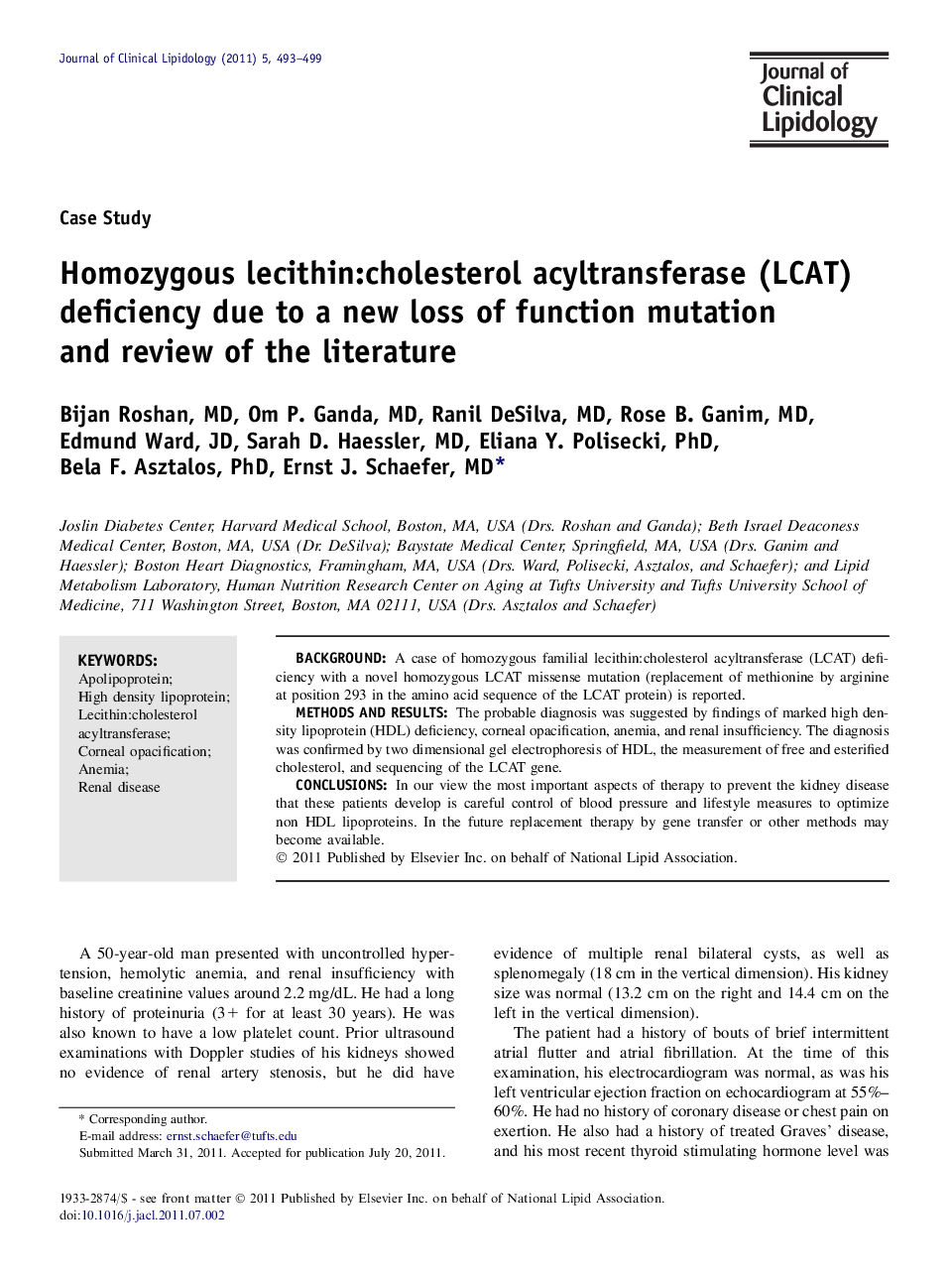 Homozygous lecithin:cholesterol acyltransferase (LCAT) deficiency due to a new loss of function mutation and review of the literature