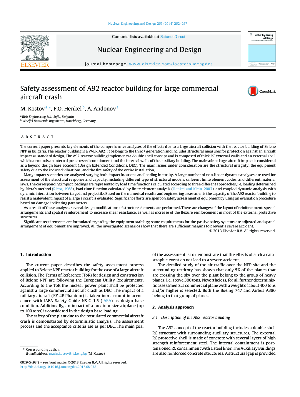 Safety assessment of A92 reactor building for large commercial aircraft crash