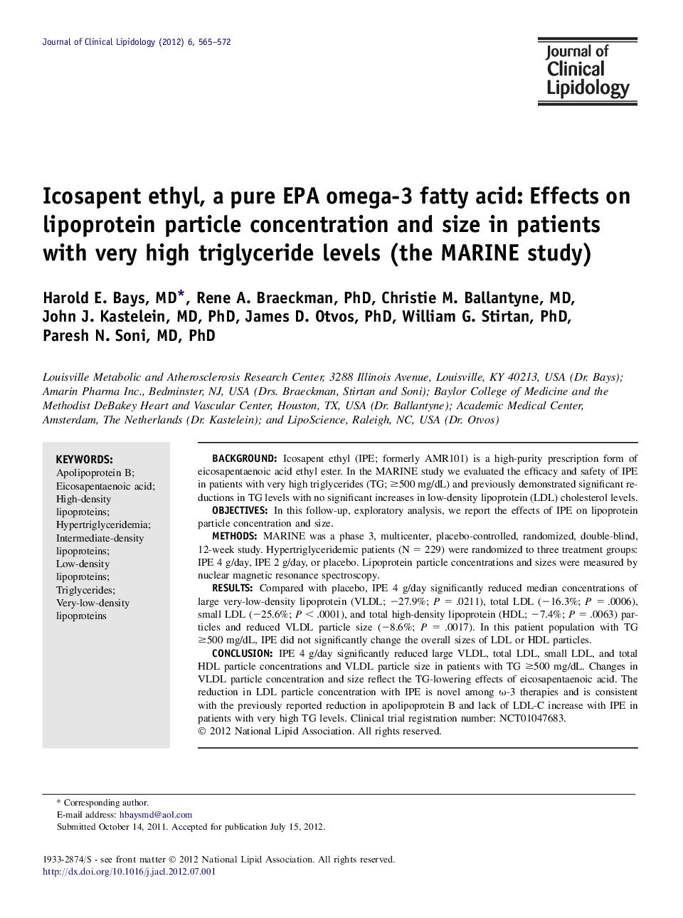 Icosapent ethyl, a pure EPA omega-3 fatty acid: Effects on lipoprotein particle concentration and size in patients with very high triglyceride levels (the MARINE study)