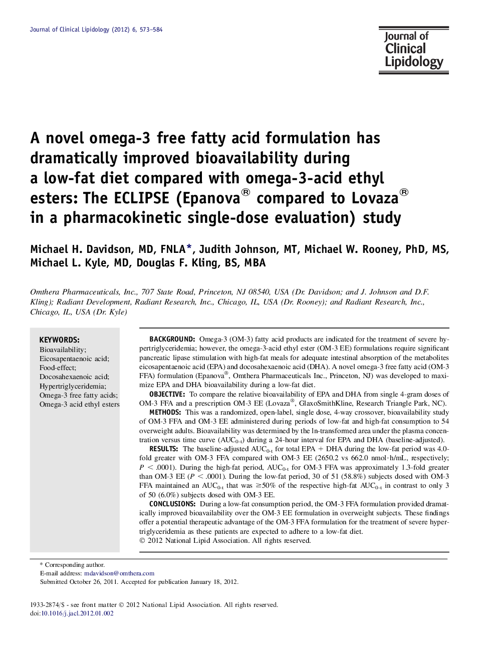 A novel omega-3 free fatty acid formulation has dramatically improved bioavailability during a low-fat diet compared with omega-3-acid ethyl esters: The ECLIPSE (Epanova® compared to Lovaza® in a pharmacokinetic single-dose evaluation) study