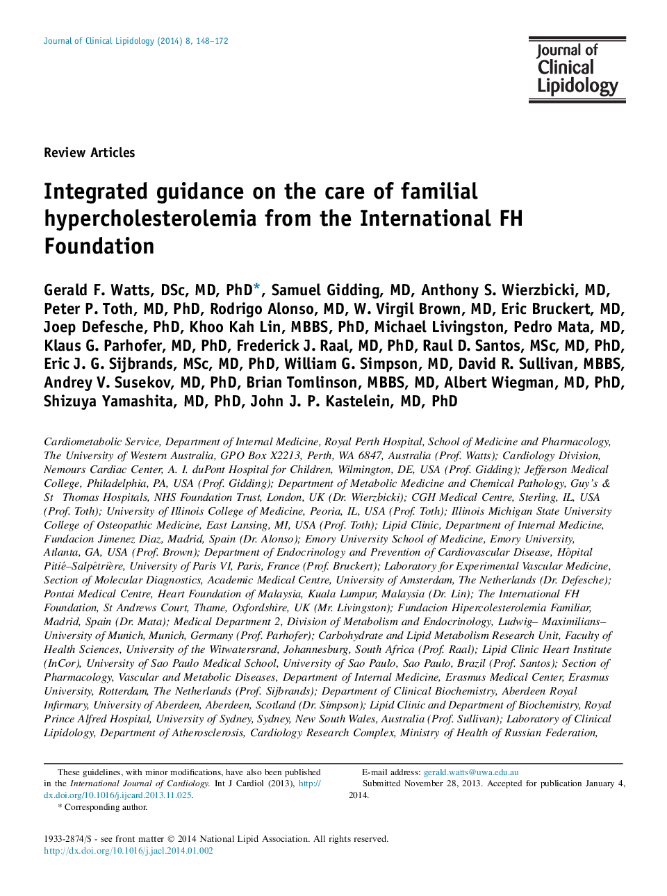 Integrated guidance on the care of familial hypercholesterolemia from the International FH Foundation 