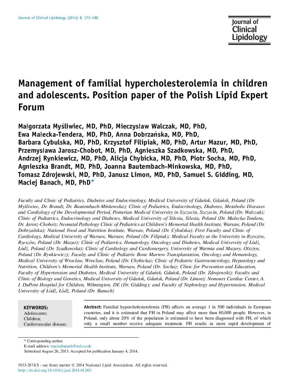 Management of familial hypercholesterolemia in children and adolescents. Position paper of the Polish Lipid Expert Forum