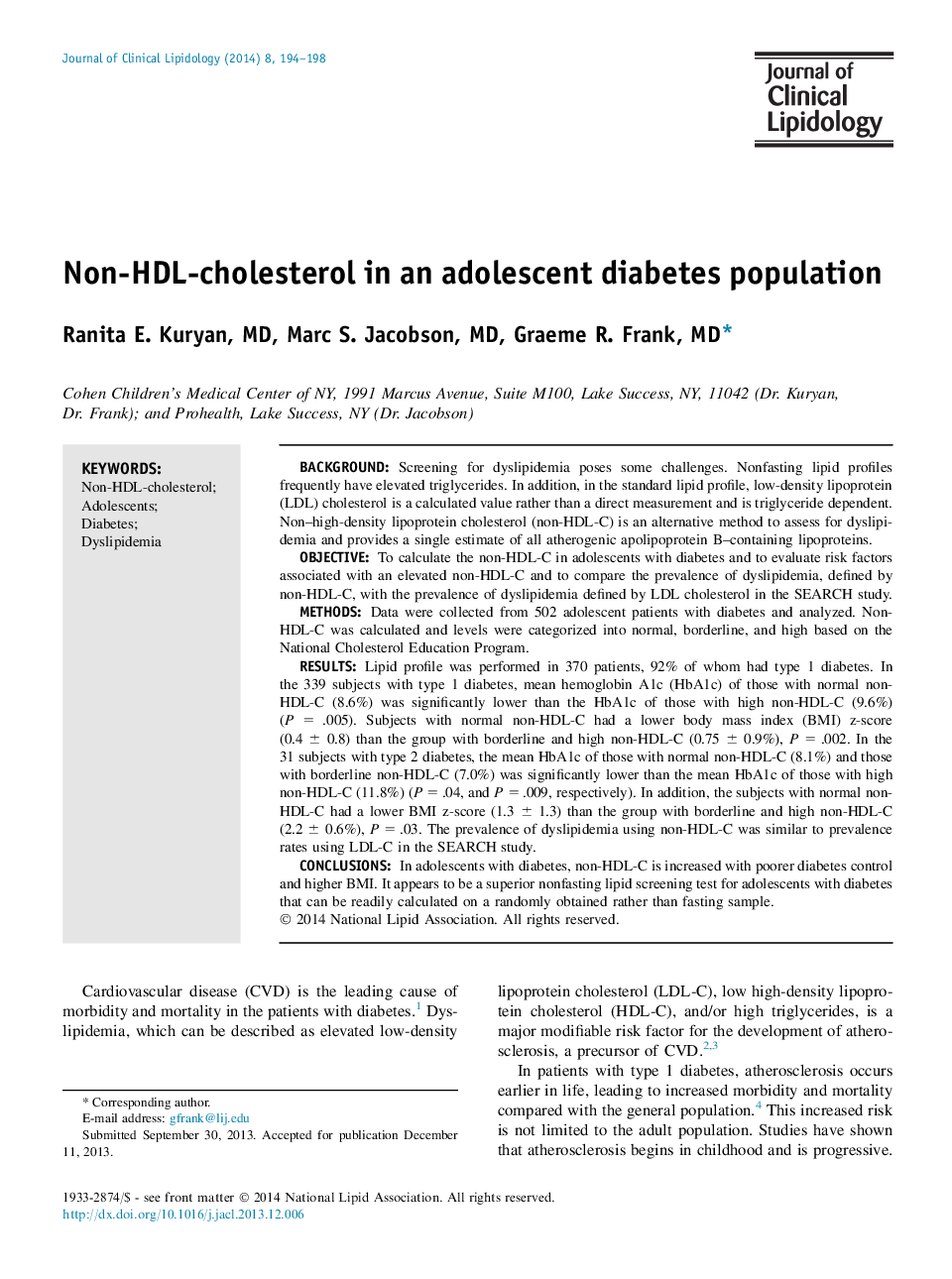 Non-HDL-cholesterol in an adolescent diabetes population