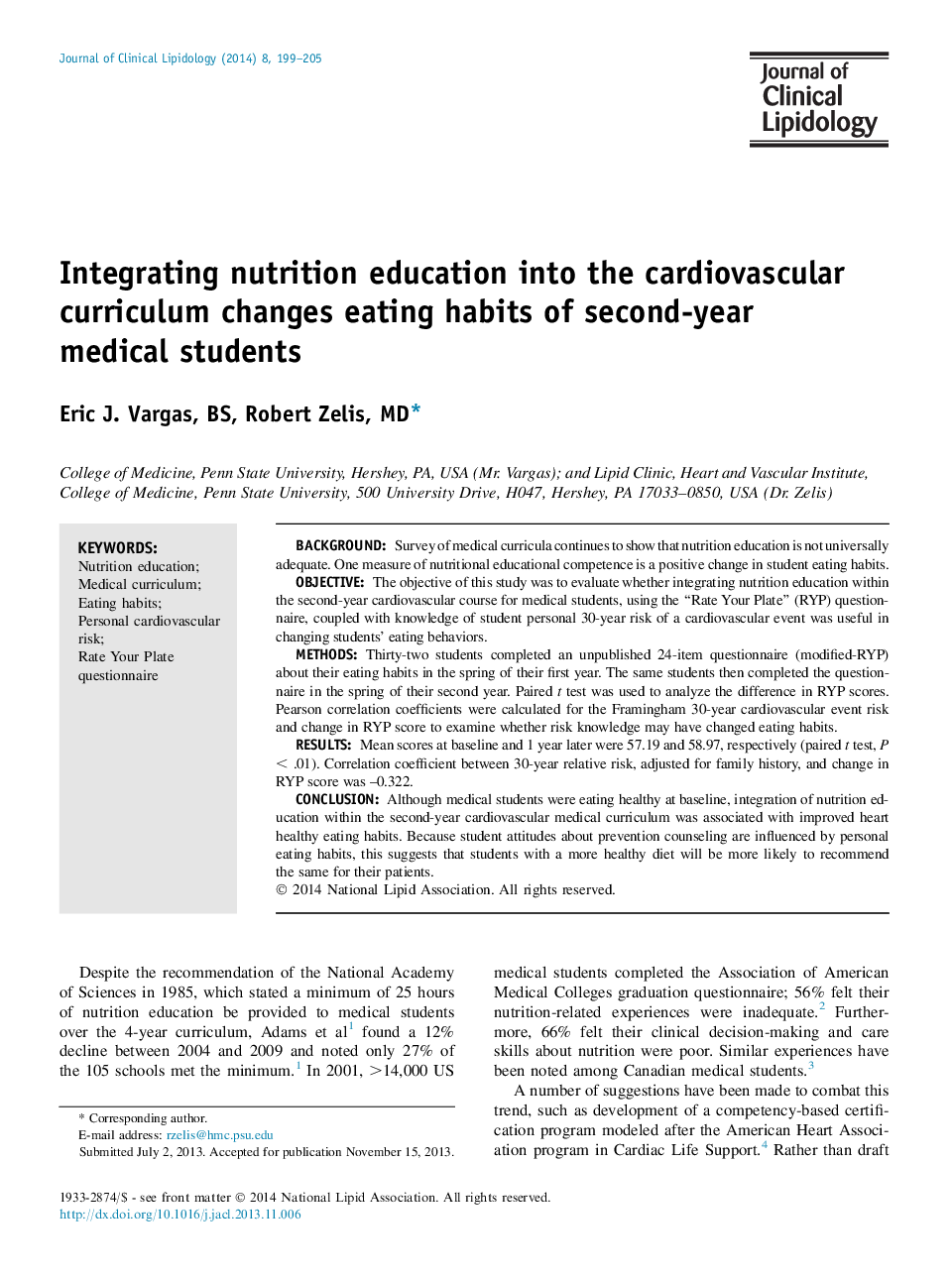 Integrating nutrition education into the cardiovascular curriculum changes eating habits of second-year medical students