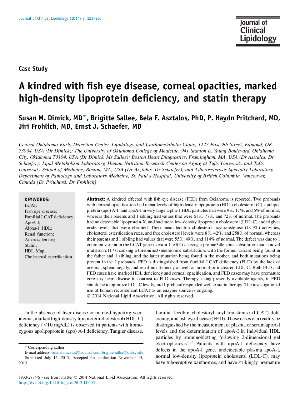 A kindred with fish eye disease, corneal opacities, marked high-density lipoprotein deficiency, and statin therapy
