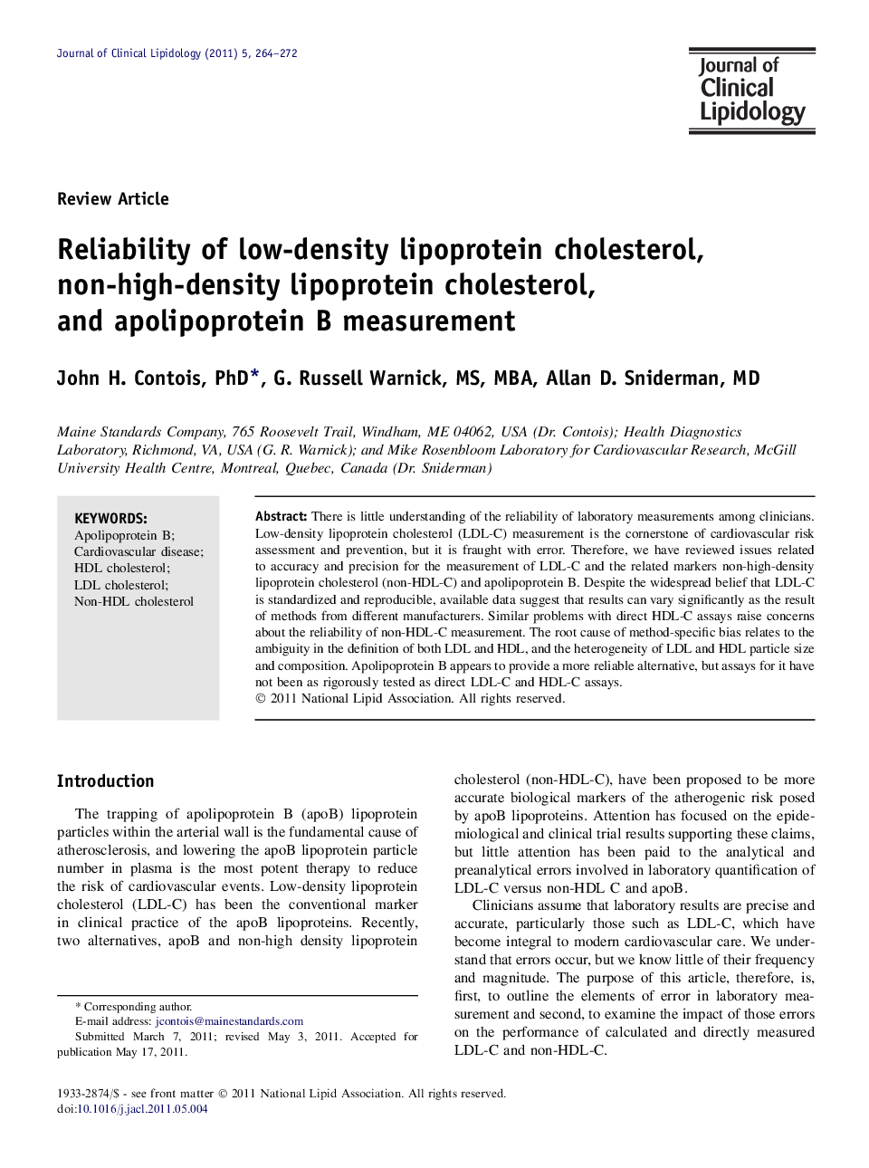 Reliability of low-density lipoprotein cholesterol, non-high-density lipoprotein cholesterol, and apolipoprotein B measurement
