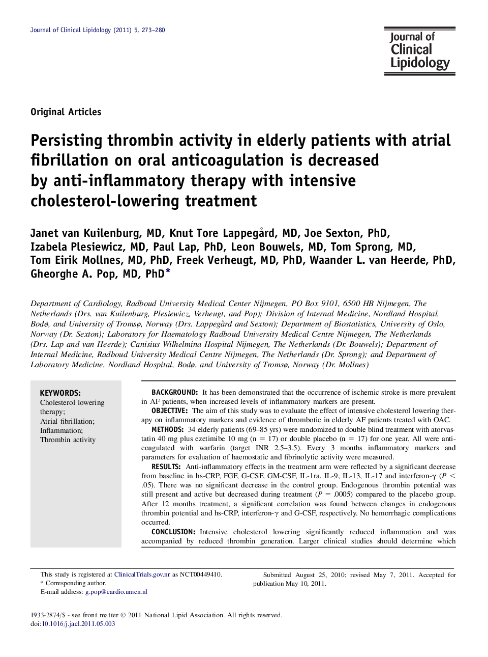 Persisting thrombin activity in elderly patients with atrial fibrillation on oral anticoagulation is decreased by anti-inflammatory therapy with intensive cholesterol-lowering treatment 