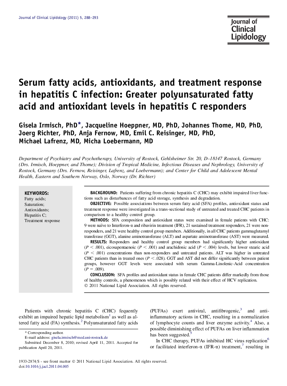 Serum fatty acids, antioxidants, and treatment response in hepatitis C infection: Greater polyunsaturated fatty acid and antioxidant levels in hepatitis C responders