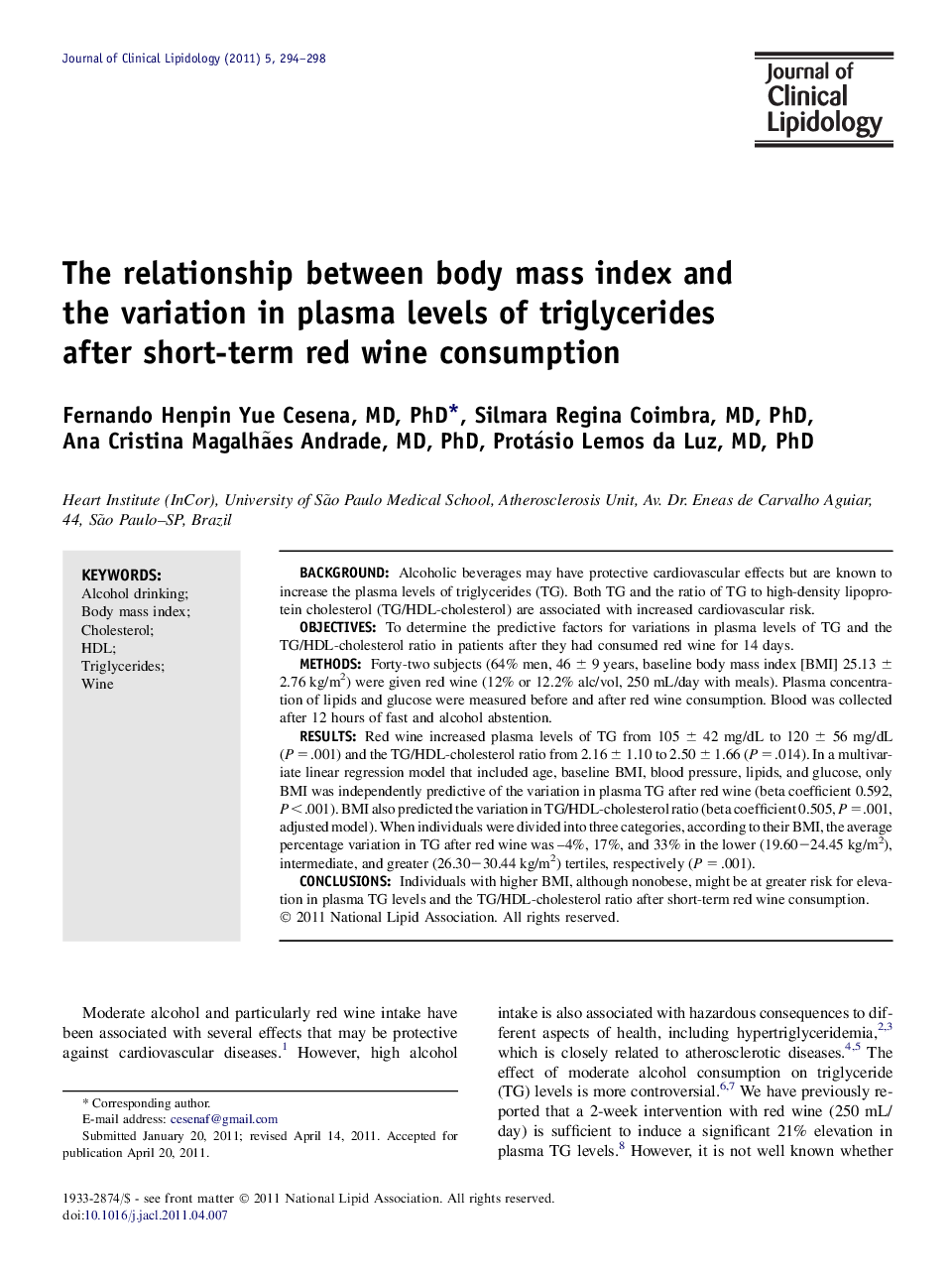 The relationship between body mass index and the variation in plasma levels of triglycerides after short-term red wine consumption