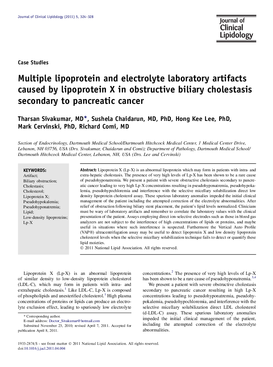 Multiple lipoprotein and electrolyte laboratory artifacts caused by lipoprotein X in obstructive biliary cholestasis secondary to pancreatic cancer