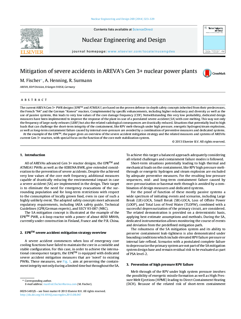 Mitigation of severe accidents in AREVA's Gen 3+ nuclear power plants
