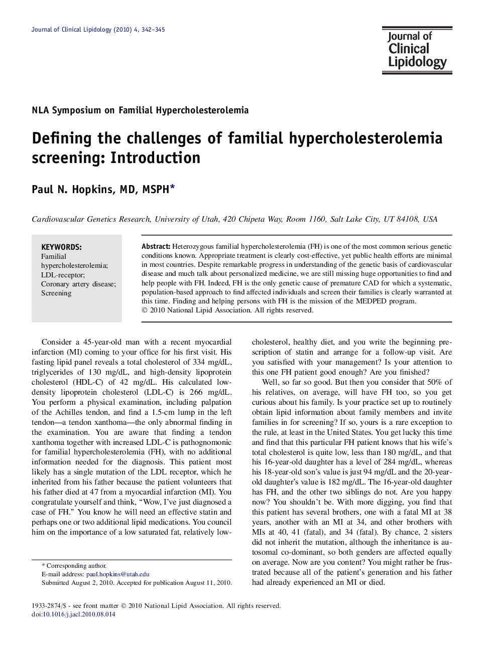 Defining the challenges of familial hypercholesterolemia screening: Introduction